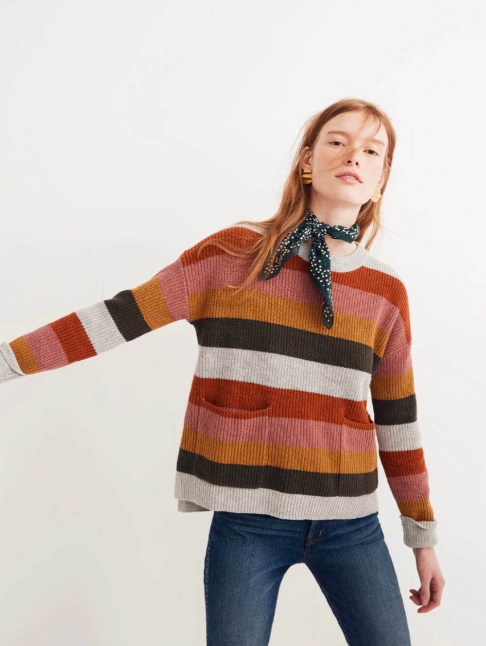 Madewell Patch Pocket Pullover Sweater in Walton Stripe In Artic Ice | Size L
